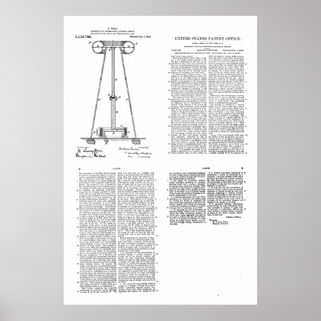 Póster Nikola Tesla Energy Transmission Pantent US1119732 (Frente)