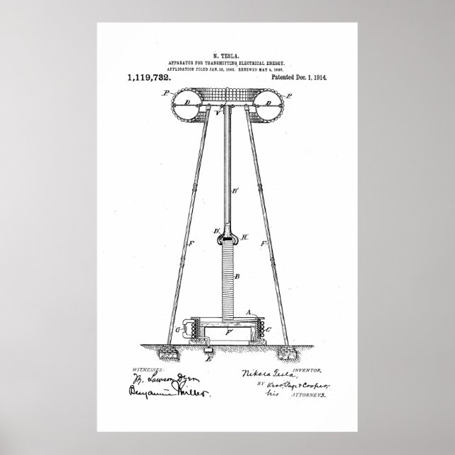 Póster Nikola Tesla Energy Transmission Pantent US1119732 (Frente)