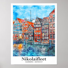 Póster Nikolaiflota Hamburg Alemania Viaje acuarela