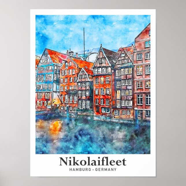 Póster Nikolaiflota Hamburg Alemania Viaje acuarela (Frente)