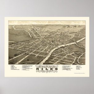 Póster Niles, OH mapa panorámico - 1882