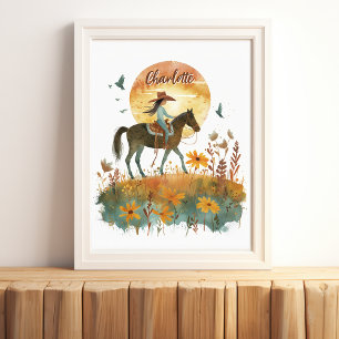 Póster Niña a Caballo Puesta de Sol Nombre Personalizado