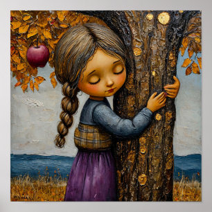 Póster 🌳 Niña abrazando el manzano romántico de la natur