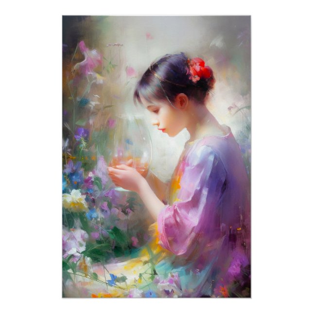 Póster Niña admirando una flor en sus manos  (Anverso)