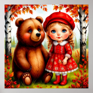 Póster Niña Adorable y Oso en Bosque Caprichoso