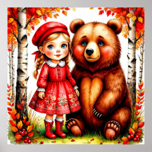 Póster Niña Adorable y Oso en Bosque Caprichoso