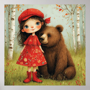Póster Niña Adorable y Oso en Bosque Caprichoso