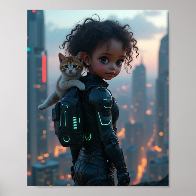 Póster niña afroamericana con su gatito (Frente)