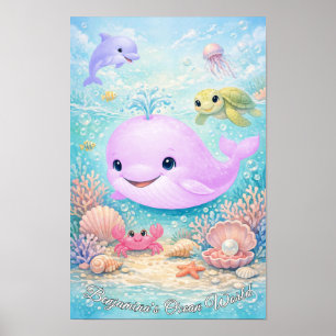 Póster Niña Animales Oceánicos Pastel Ballena Delfín Tort