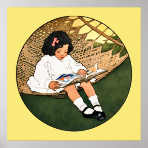Póster Niña antigua leyendo en una hamaca