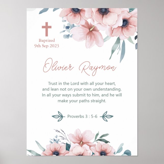 Póster Niña Bautizo Flores Rosadas Lindas (Frente)