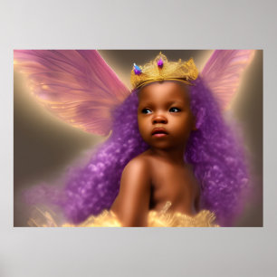Póster Niña bebe mona afroamericana morada mariposa