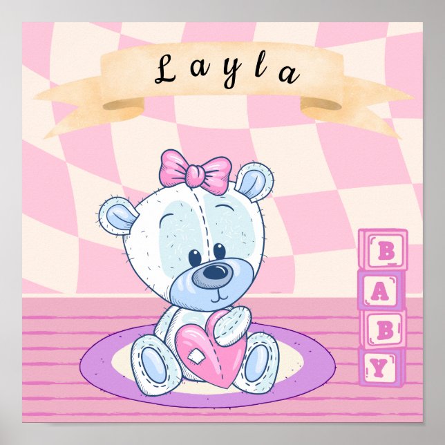 Póster Niña bebé personalizada Teddy Bear Nursera (Frente)