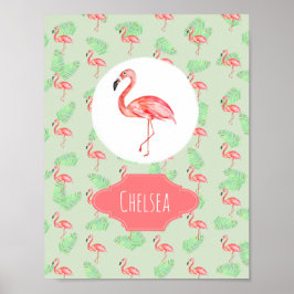 Póster Niña Bebé Tropical Rosa Flamingo Nombre Nursera