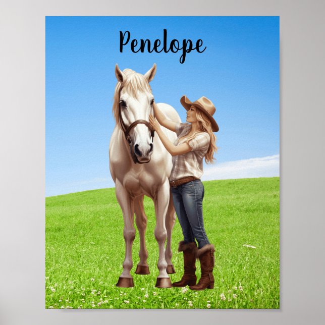 Póster Niña Caballo Caballo montando en la pradera person (Frente)