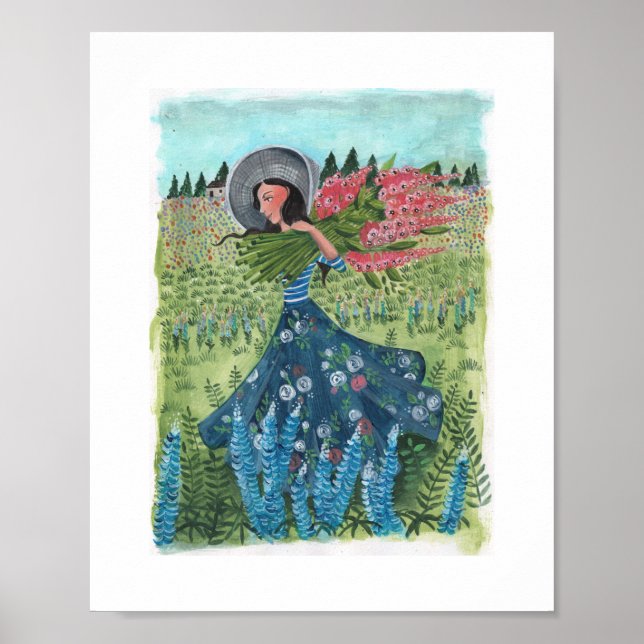 Póster Niña caminando por campo de flores (Frente)
