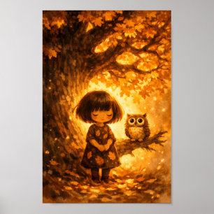 Póster Niña Caprichosa y Búho - Roble Otoño Pintura al Ól