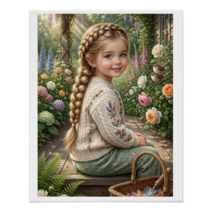 Póster Niña Cesta de Flores Bosque Primavera Naturaleza F