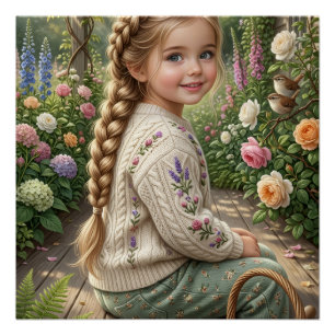 Póster Niña Cesta de Flores Bosque Primavera Naturaleza F