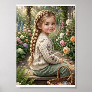 Póster Niña Cesto de Flores Bosque Primavera Naturaleza F