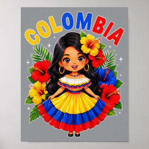 Póster Niña Colombiana Vestido Tradicional Colombia Hispa