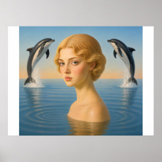 Póster NIÑA con DELFINES EN EL OCÉANO