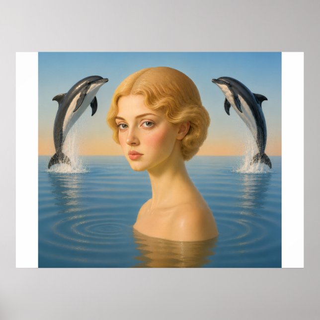 Póster NIÑA con DELFINES EN EL OCÉANO (Frente)