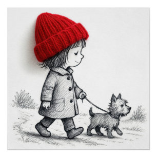 Póster Niña con gorro rojo 3D paseando a su perro
