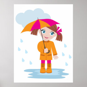 Póster Niña con Impermeable Naranja y Paraguas Rosa