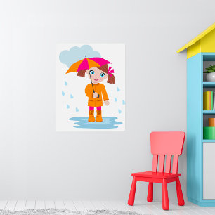 Póster Niña con Paraguas en Día Lluvioso para Niños