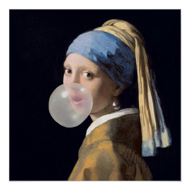 Póster Niña con pendientes de perla soplando un chicle (Anverso)