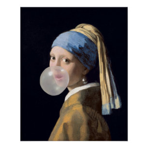 Póster Niña con pendientes de perla soplando un chicle