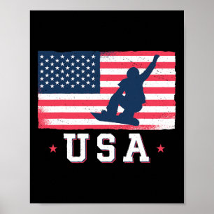 Póster Niña Con Snowboard Usa Bandera Estadounidense