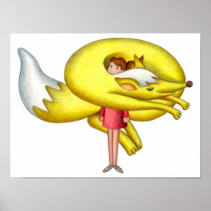 Póster Niña con una bufanda de estampado de zorro.