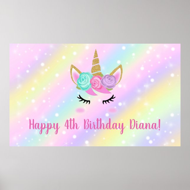 Póster Niña cumpleaños 4 unicornio lindo (Frente)