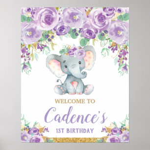 Póster Niña de cumpleaños número uno Elefante Floral Púrp