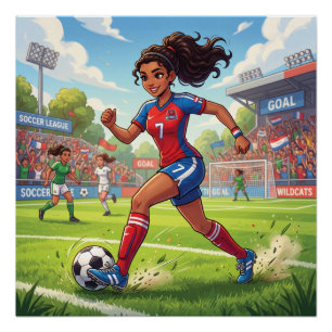 Póster Niña de dibujos animados linda jugando fútbol