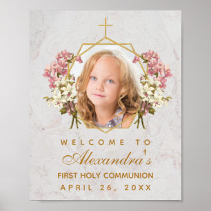 Póster Niña de Primera Comunión Foto Orquídeas Rosadas Bi