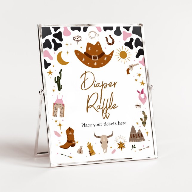 Póster Niña de vaca rosa occidental Baby Shower Diaper Ra (Boho Wild West Rodeo Baby Shower Diaper Raffle Sign)