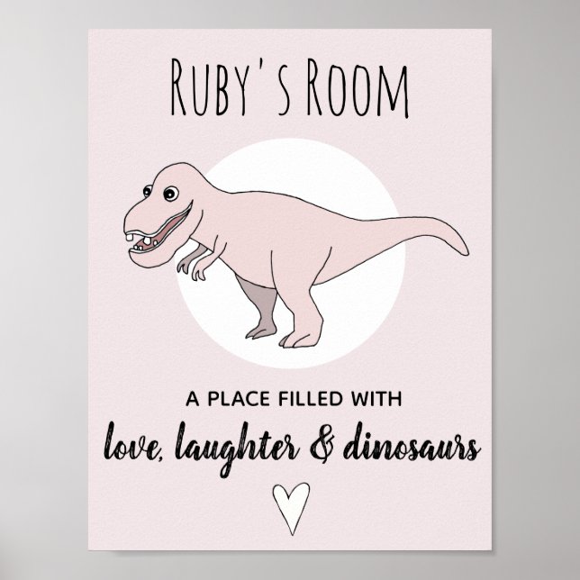 Póster Niña Doodle Dinosaurio Rosa T-Rex Nombre Guardería (Frente)