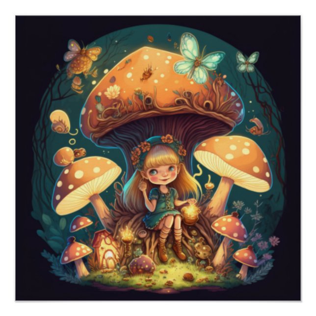 Póster Niña eleva entre hongos (Anverso)