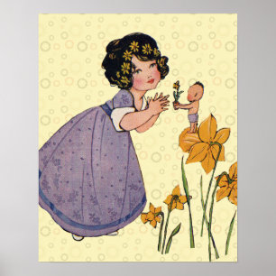 Póster Niña Elfo Hada Narciso Antiguo Pascua