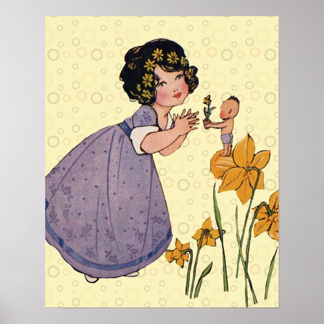 Póster Niña Elfo Hada Narciso Antiguo Pascua (Frente)