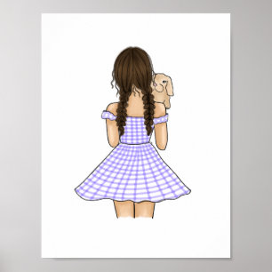 Póster Niña en cuadros de gingham morado llevando conejo 