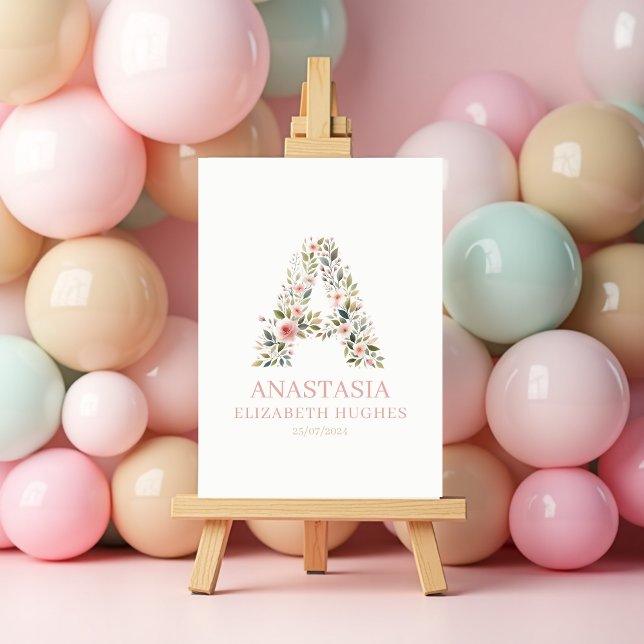 Póster Niña Floral Nombre Personalizado y Fecha de Nacimi (Baby Girl Floral Personalised Name and Birthdate Poster )