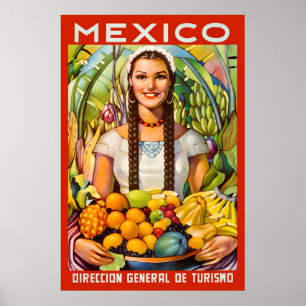 Póster Niña hispana mexicana de los años 50 con frutas vi