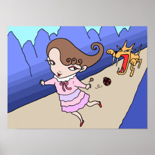 Póster Niña huyendo de un lobo feroz.