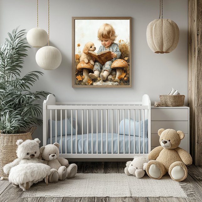Póster Niña leyendo a cachorros marrones setas (Subido por el creador)