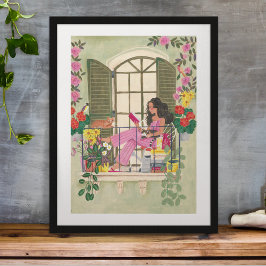 Póster Niña leyendo en balcón de verano con gatos