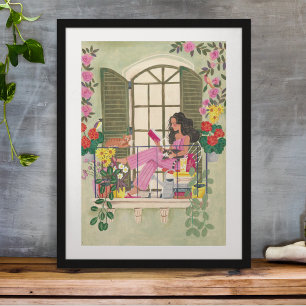Póster Niña leyendo en balcón de verano con gatos